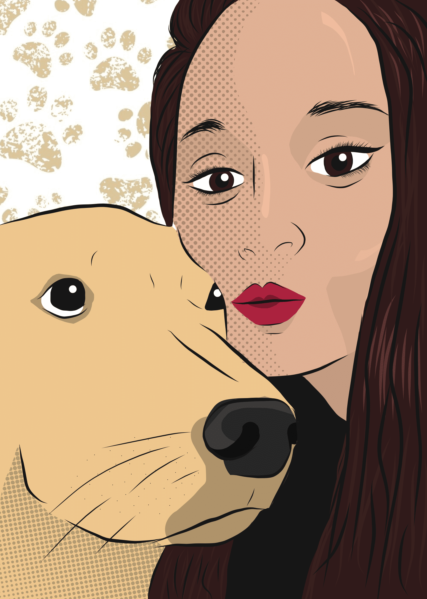 Portrait d'une jeune femme et son chien réalisé sur procreate